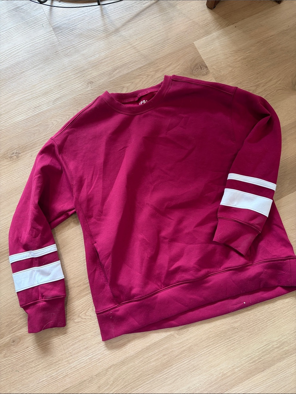 Abercrombie & Fitch Raspberry Crewneck Sweatshirt with White Sleeve Stripes